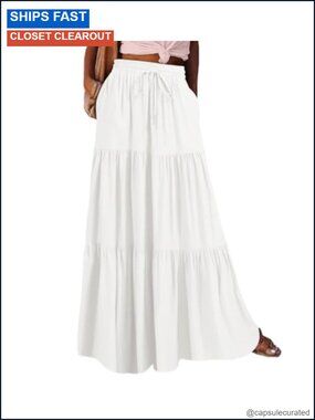Flowy Maxi Skirt with Pockets High Waisted Ruffle Tiered Boho Cotton Women's